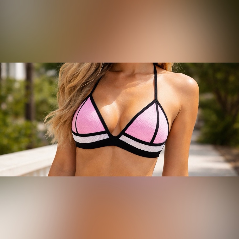Bra Society Black Pink Bikini Top Triangle Swim Top Size L